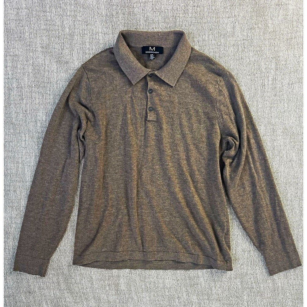 Magaschoni Men's M Gray Long Sleeve Solid Polo Shirt Polyester Wool Button
